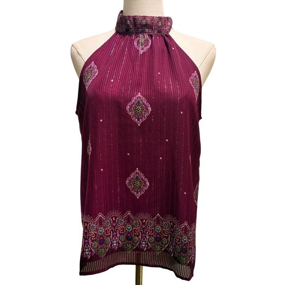 LOFT New Shimmer Halter Blouse Plum Purple Boho High Neck Sleeveless Top Small - Picture 2 of 8
